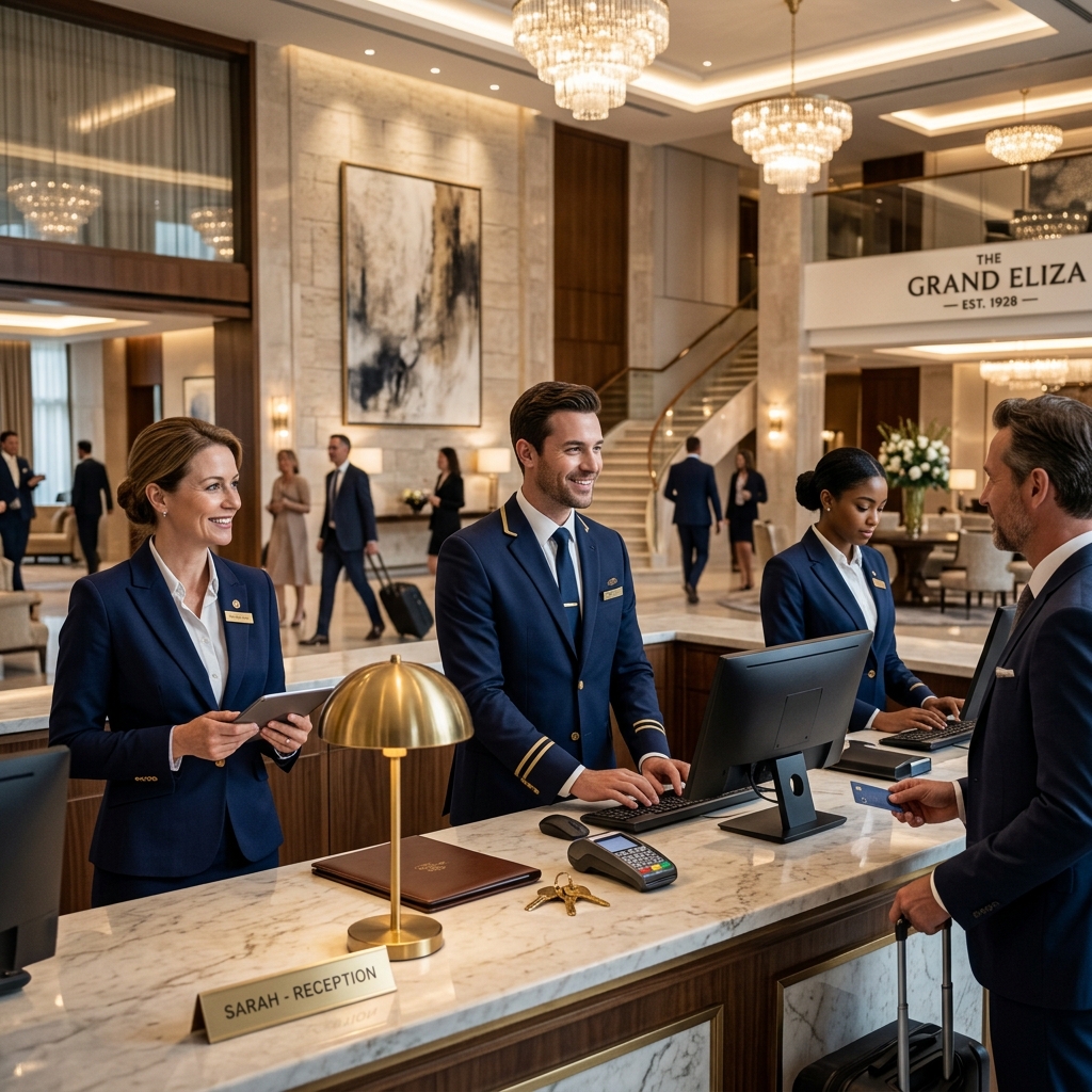 Professional hotel front desk staff in premium navy uniforms